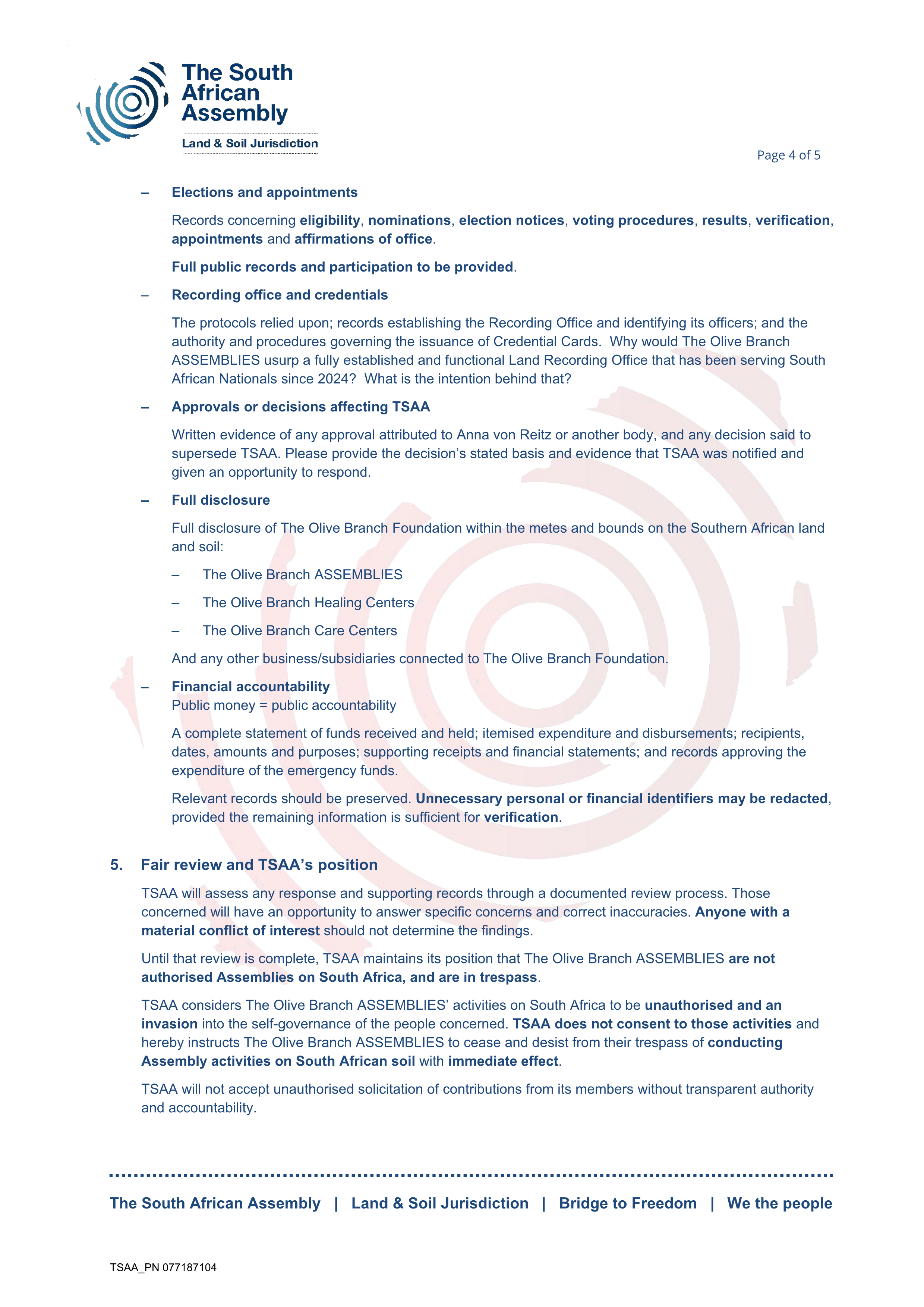 Public notice The South African Assembly Recording number 077187104  The Olive Branch Assemblies